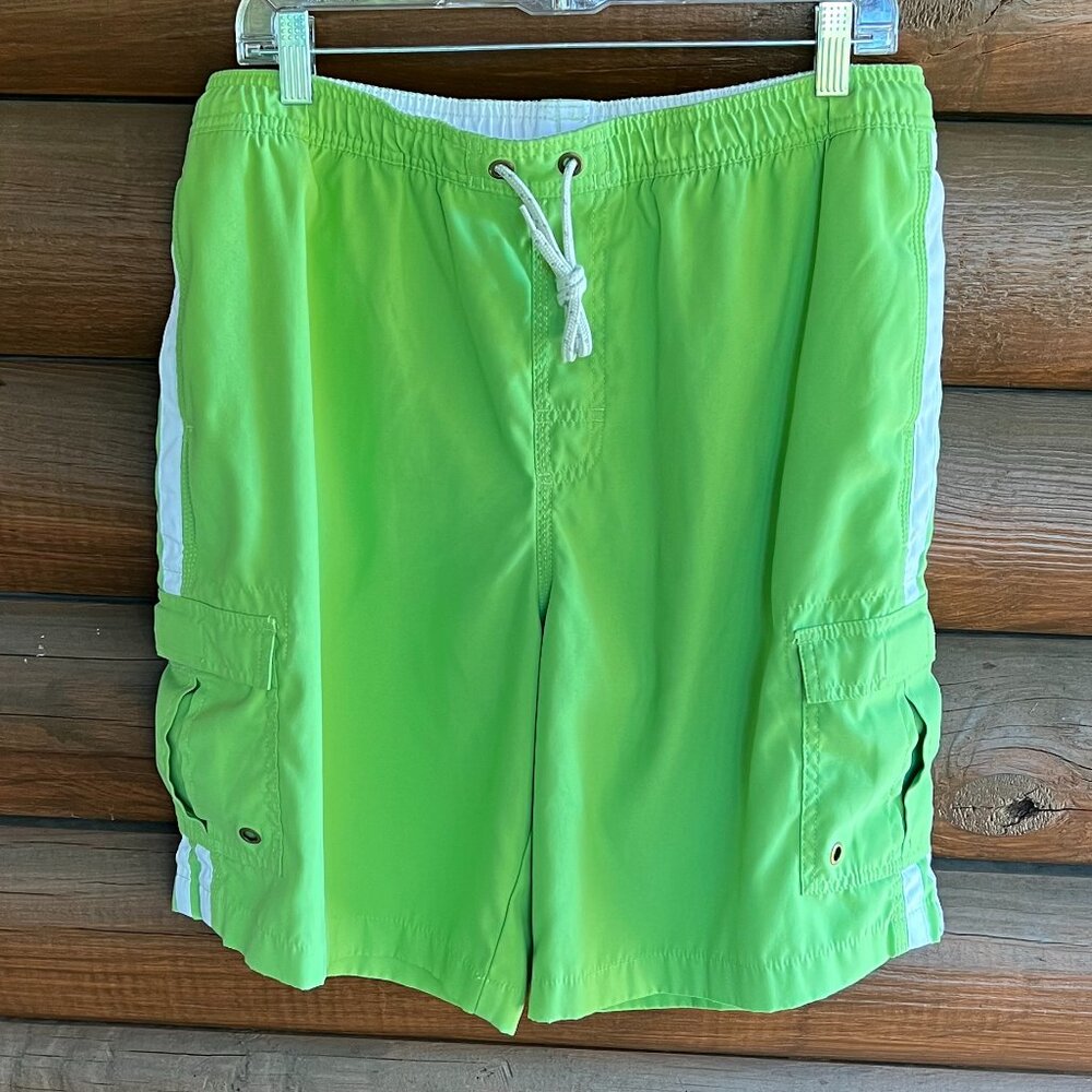 Men's GAP Lime Green & White Polyester Swim Trunks with Tie Waist, Size L